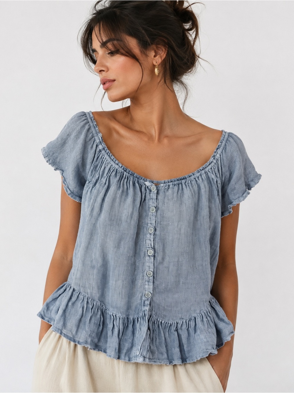Sunday Made in France Blue Gauze Ruffle Button Front Top Size M Cottagecore
